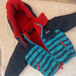 Patagonia Baby Hooded Puffer Jacket - Navy & Teal Stripes with Red Sherpa Lining